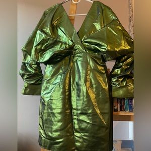 Green Metallic Polyester Deep V-Neck Dress, just about the knee.